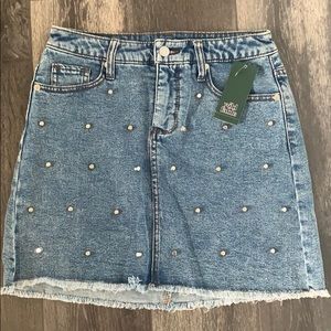 Denim frayed studded mini skirt mid waist rise